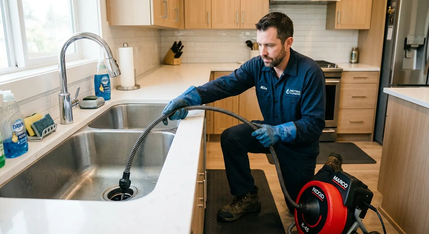 Drain cleaning technician using a motorized snake on a kitchen sink in Plainville
