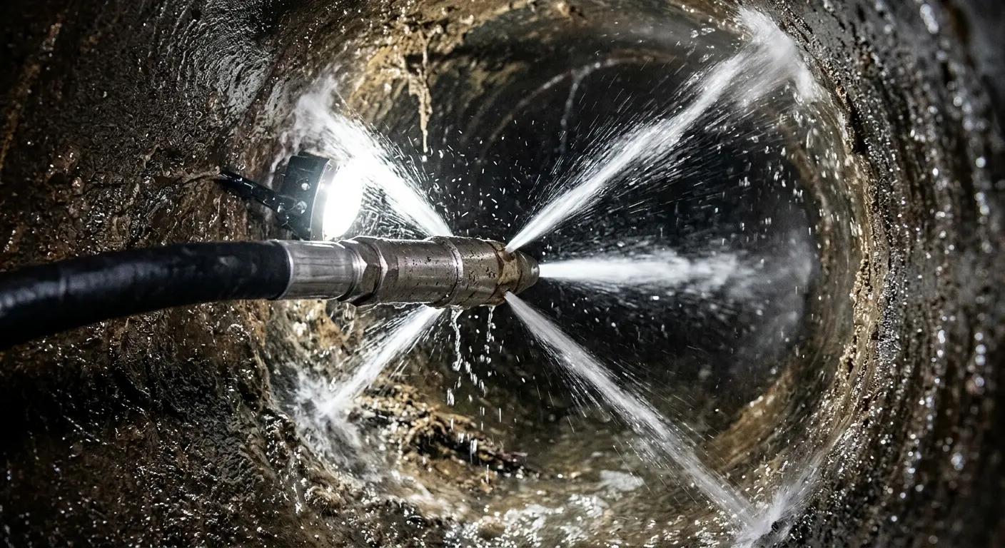 High-pressure hydro jetting nozzle cleaning sewer pipe for Sewer Cleanout in Plainville