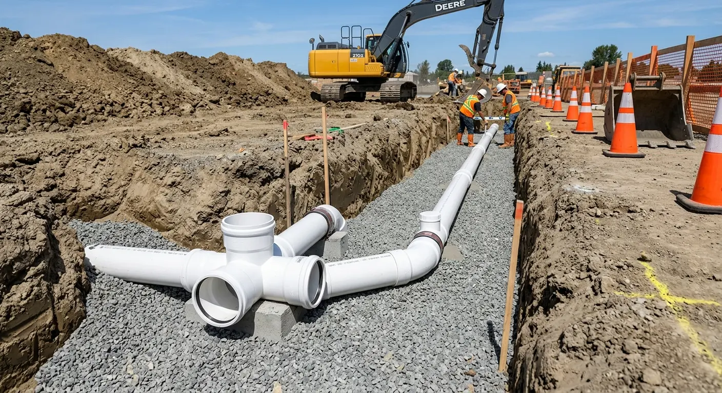 New PVC sewer pipe installation in open trench for Sewer Backup in Plainville