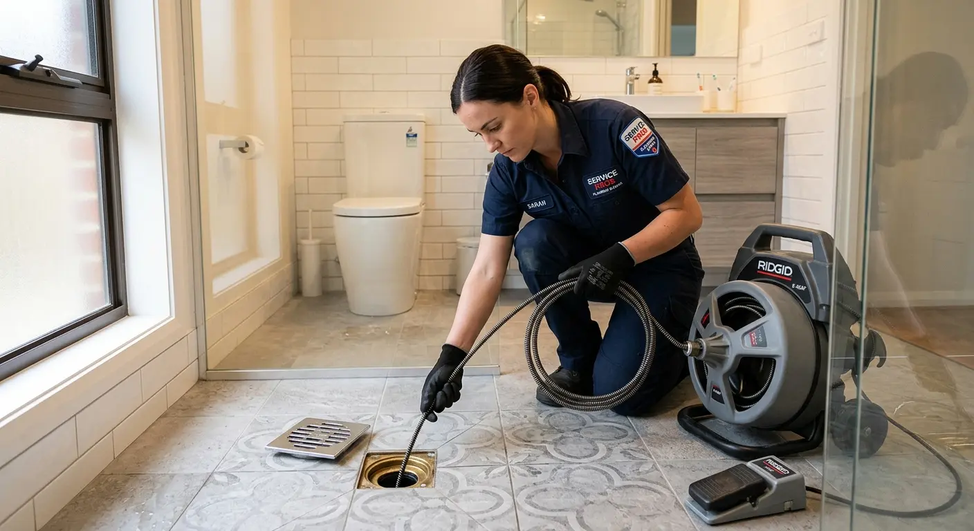 Technician clearing a bathroom floor drain for Drain Cleaning in Plainville